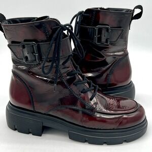 Paul Green Burgundy Patent Leather Combat Boots Lug Sole Buckle Lace Up US 8.5